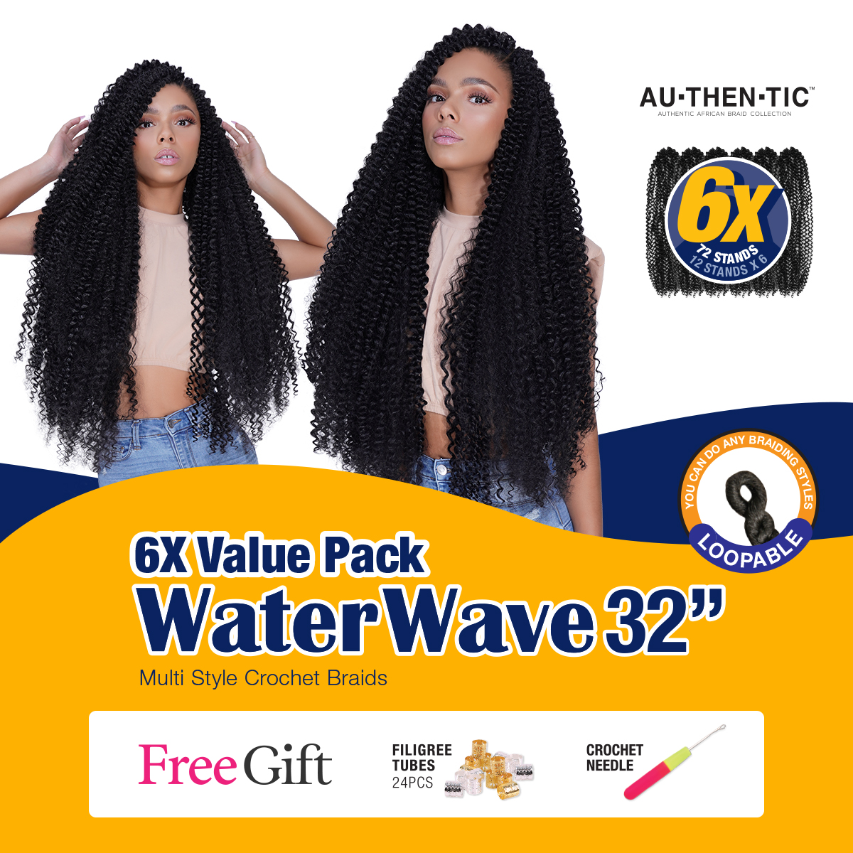Authentic Synthetic Hair Crochet Braids 6X Value Pack Water Wave